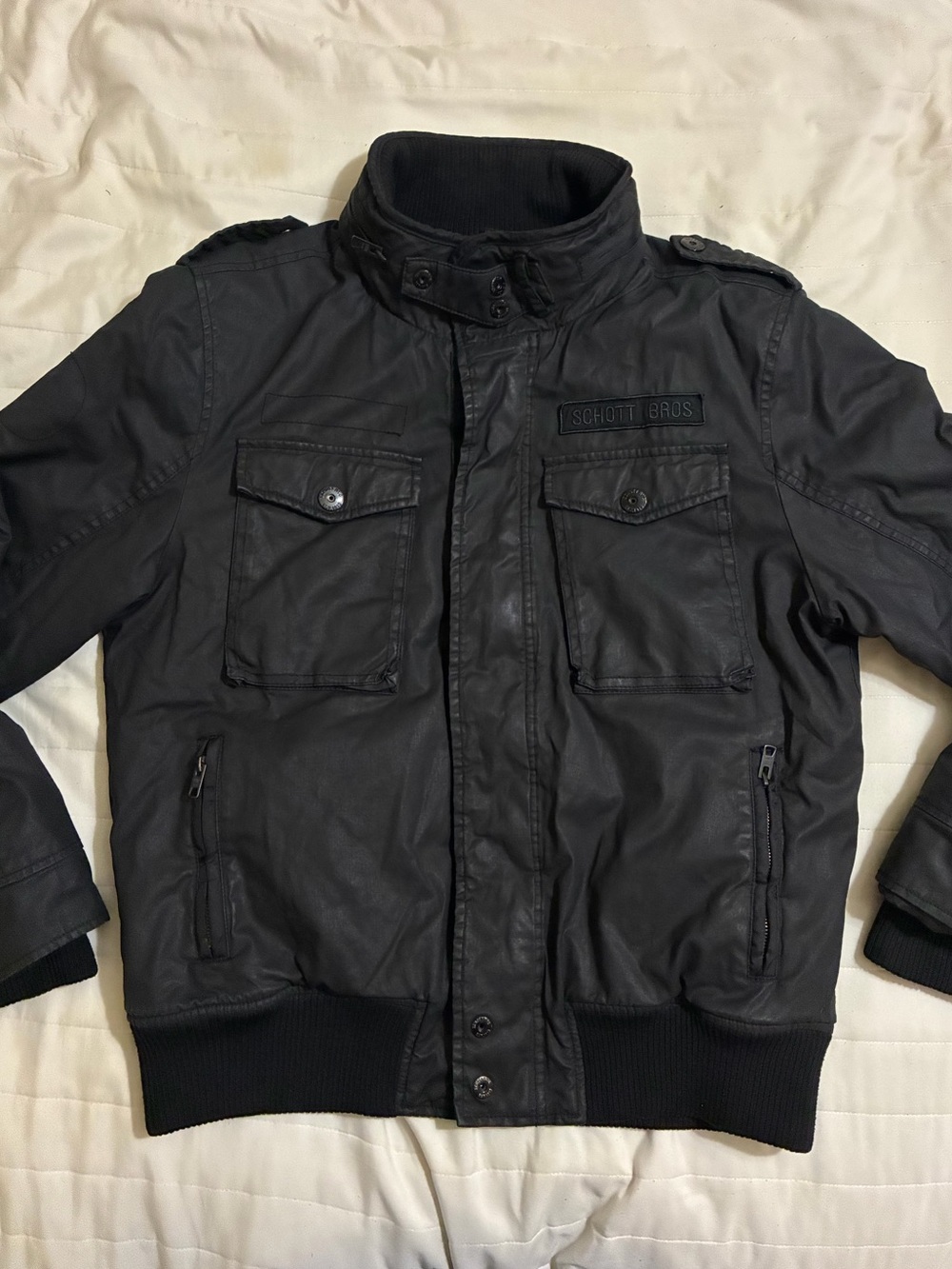 Schott NYC Black Vintage Military-Style Bomber Jacket L